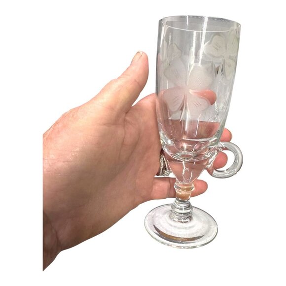 Etched Glass Irish Coffee Mugs Four Leaf Clover Design Finger Handle Set Of 4 - Picture 8 of 8